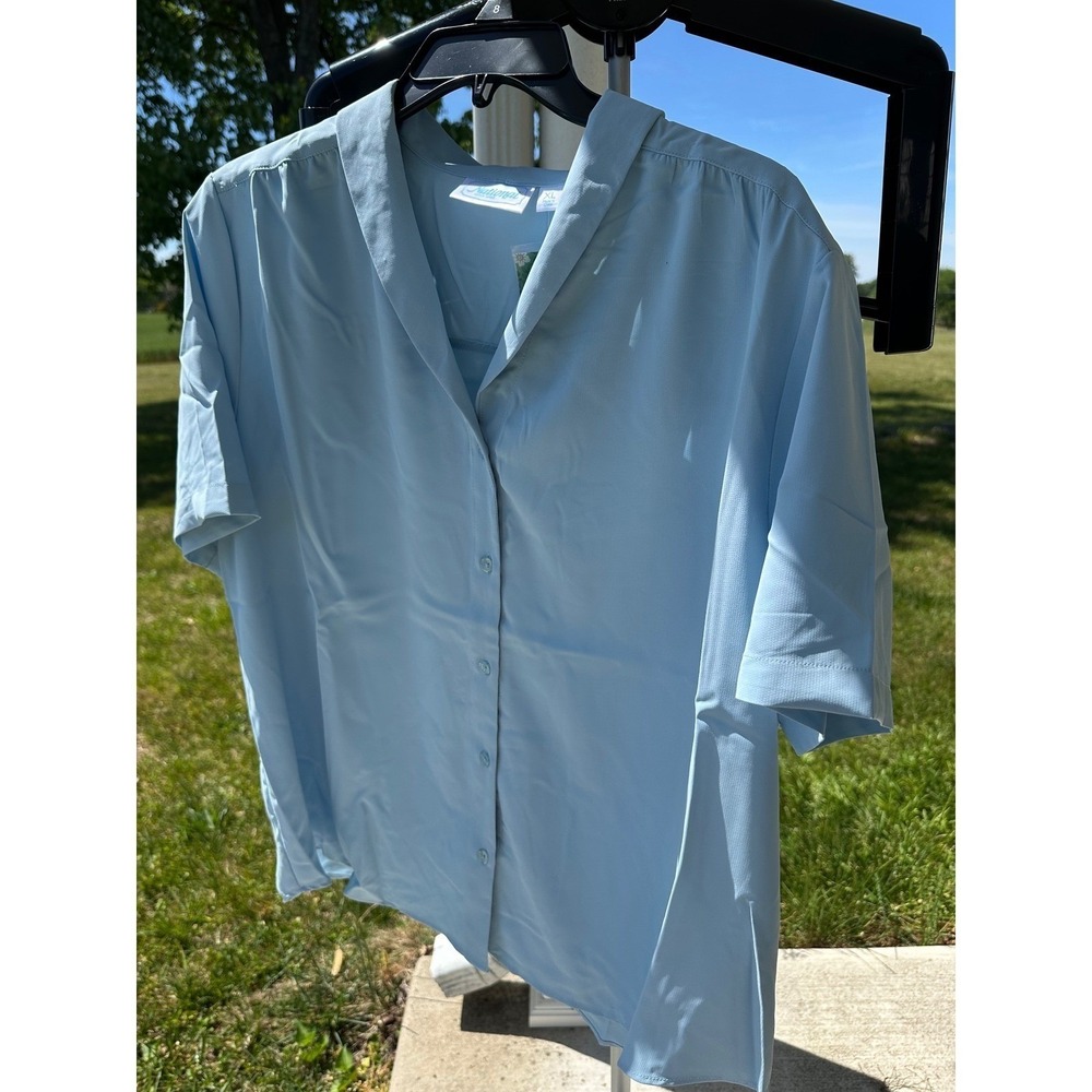 National Women's Light Blue Short Sleeve Button Down Blouse XL Notched Collar